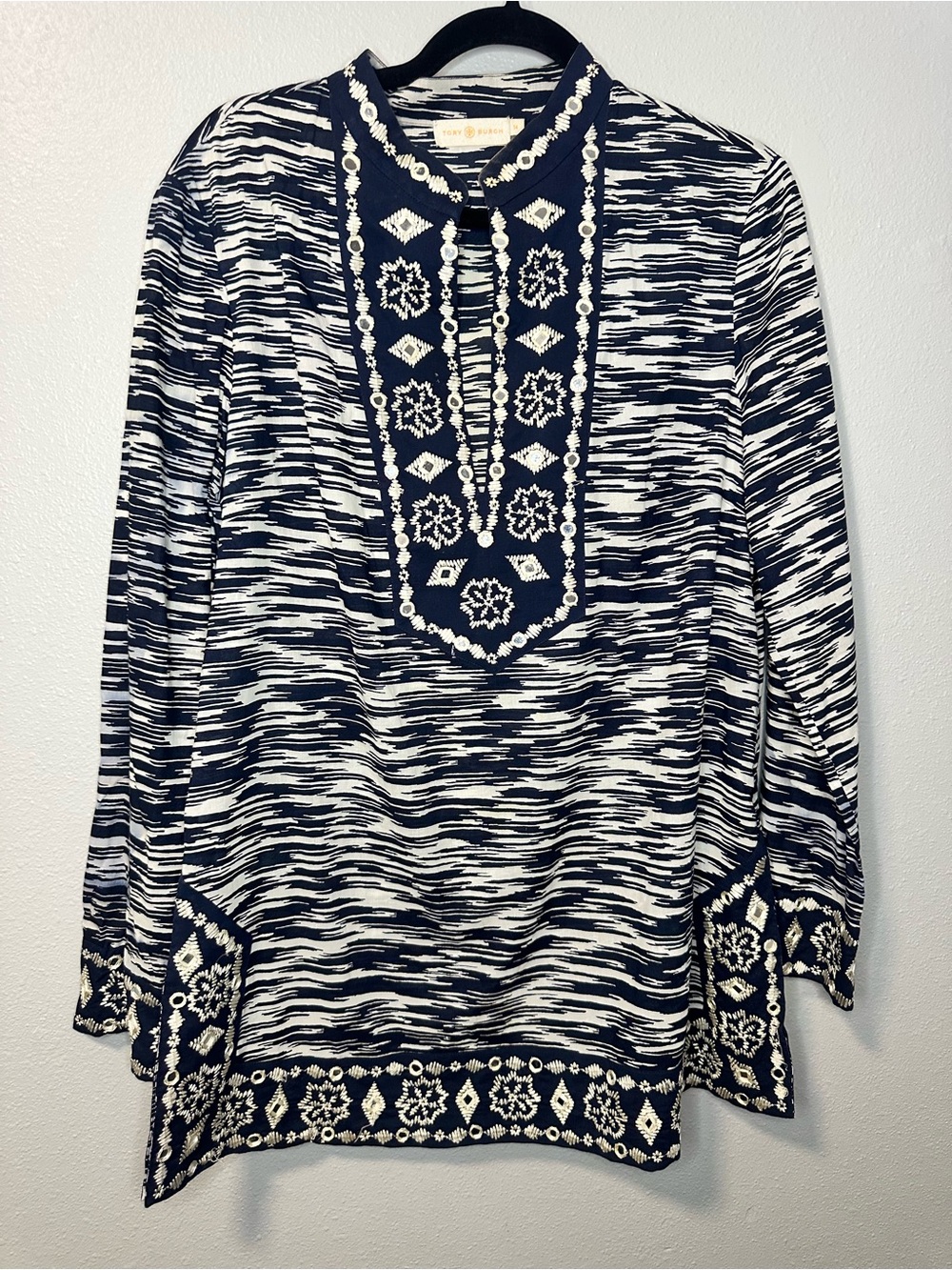 Tory Burch Embellished Tunic Top Navy White Ikat Mirror Embroidery